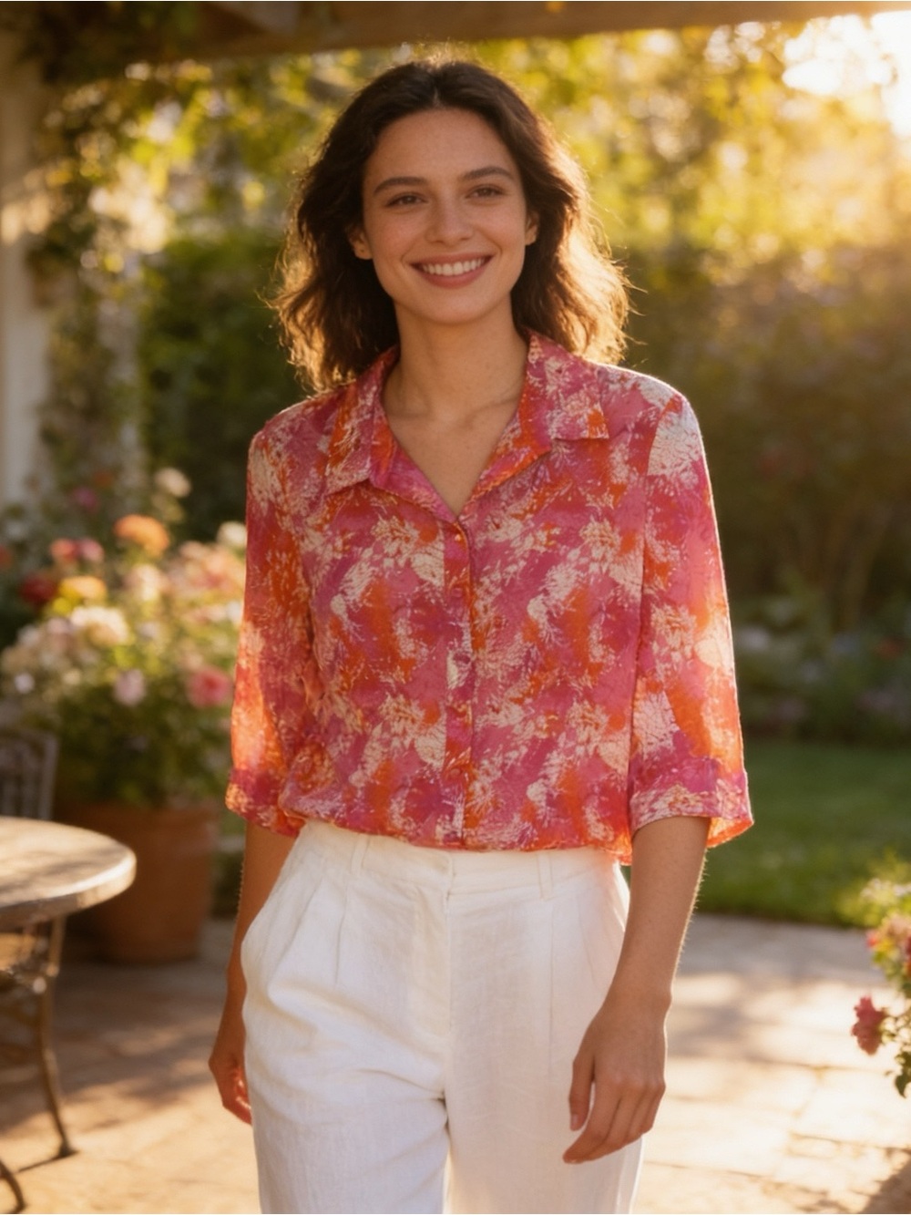 Coldwater Creek No Iron  Pink Cream Abstract Button-Up Blouse 3/4 Sleeves EUC